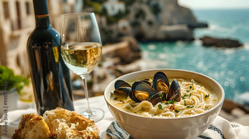 Mussel Pasta with Wine and Bread on a Coastal Balcony Mussel Pasta with Wine and Bread on a Coastal Balcony