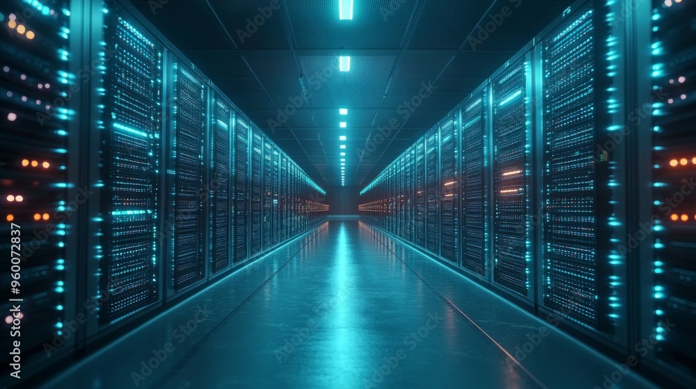 Modern Data Center with Illuminated Servers Modern Data Center with Illuminated Servers