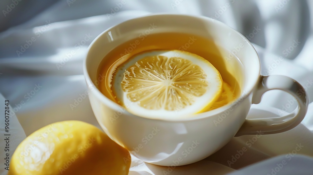 A close-up of a white teacup with a slice of lemon and a whole lemon next to it. A close-up of a white teacup with a slice of lemon and a whole lemon next to it.