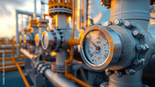 A detailed close-up view of a gas processing facility with multiple large compressors and separators. The image focuses on the metallic textures of the equipment.