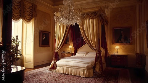 Lavish Four Poster Bedroom with Silk Drapery and Crystal Chandelier A Luxurious Sanctuary of Rest and Relaxation