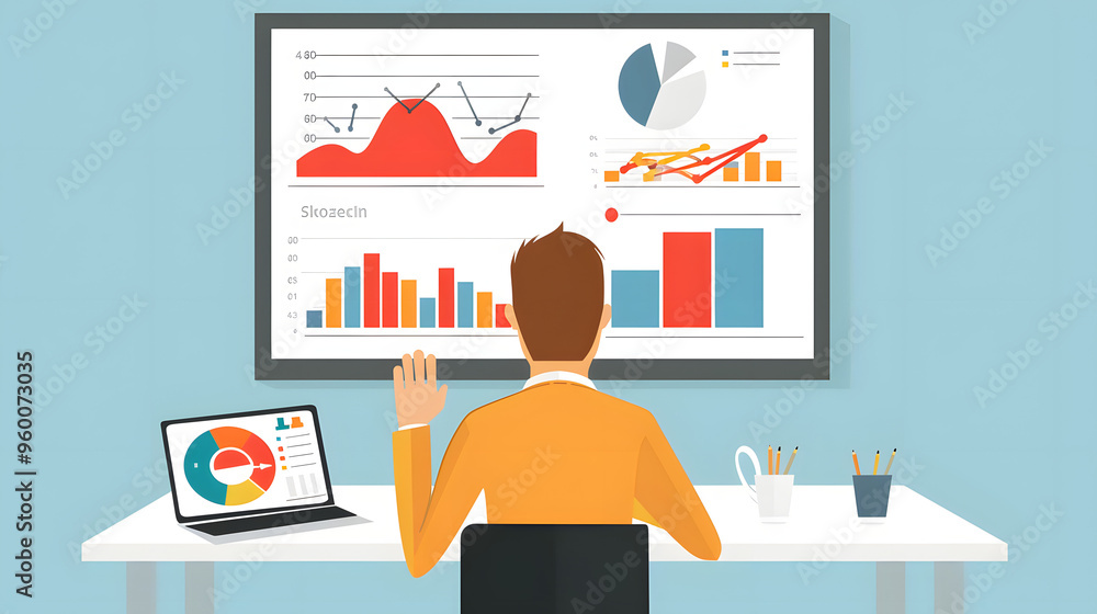 A business analyst reviewing charts and graphs on a large screen and laptop, ideal for themes related to data analysis, financial reporting, and business strategy.