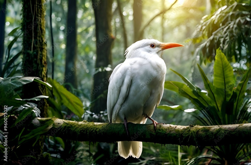 A portrait of a beautiful white bird standing alone on a branch in a beautiful forest A portrait of a beautiful white bird standing alone on a branch in a beautiful forest