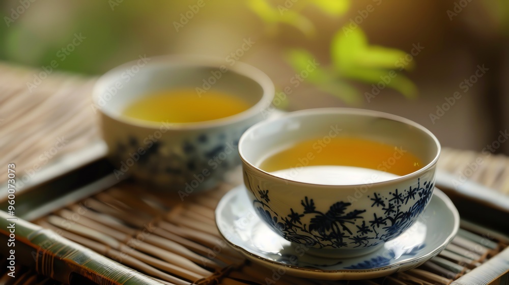 Two small cups of tea on a bamboo mat. Two small cups of tea on a bamboo mat.