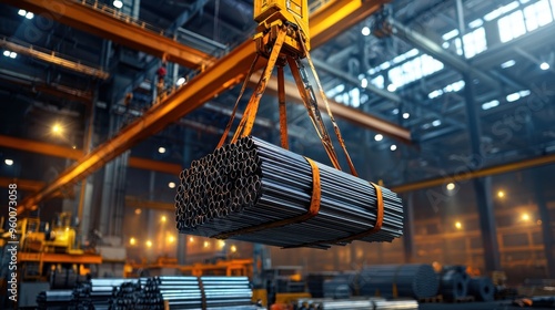 Close-up view of a gantry crane in action, moving a bundle of steel pipes across a metallurgical plant workshop, showcasing intricate details of the crane is mechanisms and the texture of the pipes, photo