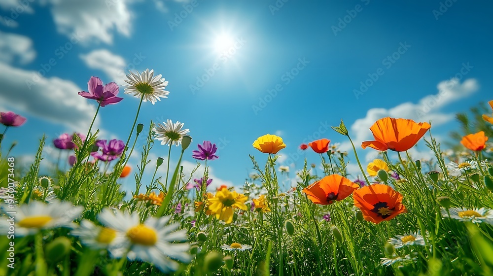 Fototapeta premium Colorful Wildflowers in a Meadow with Blue Sky and Sun