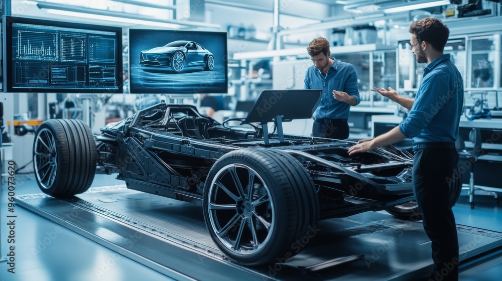 Engineers Discussing High-Tech Car Chassis Design Engineers Discussing High-Tech Car Chassis Design