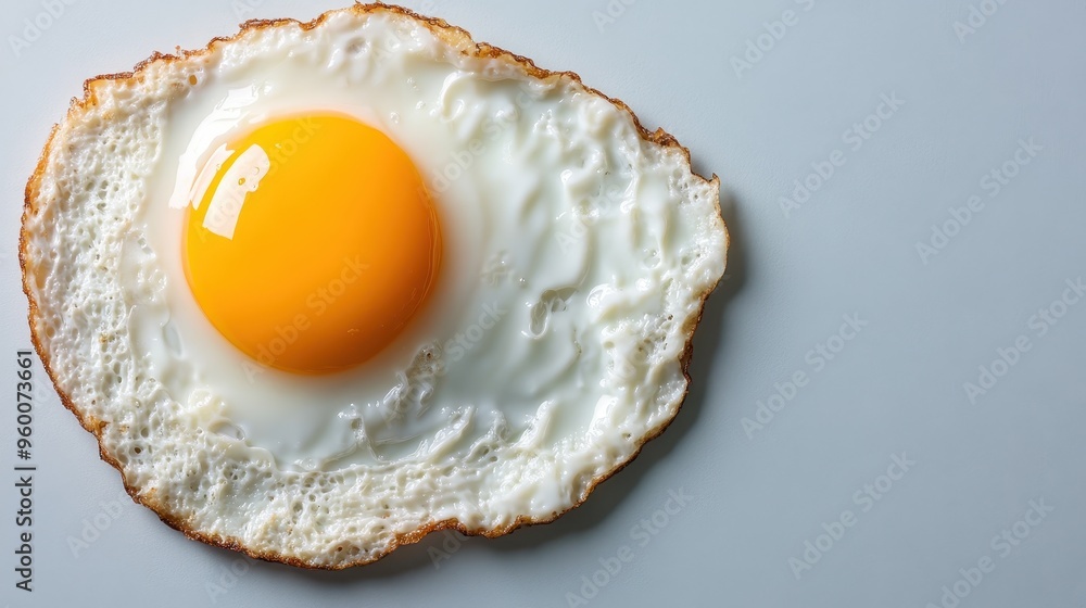 A single cooked sunny-side up egg is placed on a plain light surface, showcasing its bright yellow yolk and crispy whites in a simple yet appetizing presentation. A single cooked sunny-side up egg is placed on a plain light surface, showcasing its bright yellow yolk and crispy whites in a simple yet appetizing presentation.