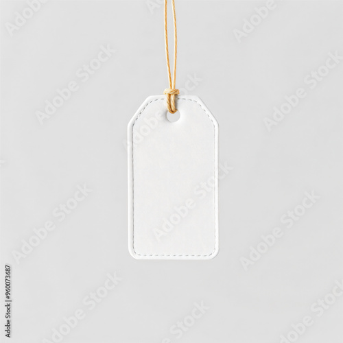 a minimalist hangtag cloth label mockup with no text, suspended by a thin string against a plain, neutral background. 