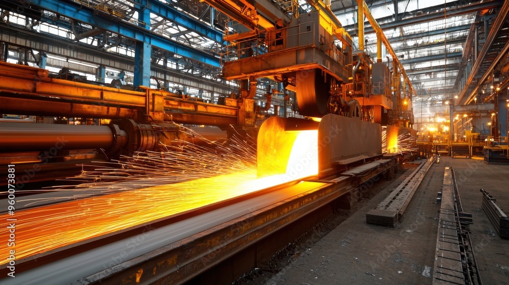 A high-resolution image of a steel manufacturing plant with large furnaces and rolling mills in action, capturing the intense heat. A high-resolution image of a steel manufacturing plant with large furnaces and rolling mills in action, capturing the intense heat.