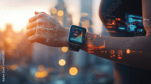 Runner checking heart rate on smartwatch with city skyline in background
