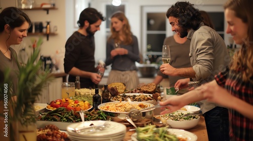 A group of people gather around a table filled with food at a potluck dinner. photo