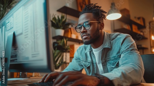 Focused Man Working at Computer