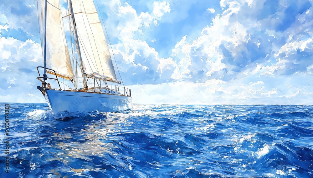 Fototapeta premium Sailing on the open sea, gentle breeze, vast horizon, watercolor style