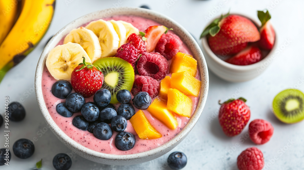 A vibrant smoothie bowl brimming with fresh fruits and seeds sits on a rustic table in a cozy, sunlit kitchen. The scene is trendy, bright, and perfect for a social-media-worthy moment. A vibrant smoothie bowl brimming with fresh fruits and seeds sits on a rustic table in a cozy, sunlit kitchen. The scene is trendy, bright, and perfect for a social-media-worthy moment.