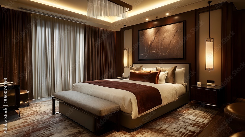 Luxurious king sized bedroom featuring silk curtains elegant lighting fixtures and a sophisticated contemporary design This high end upscale space exudes an air of tranquility and relaxation Luxurious king sized bedroom featuring silk curtains elegant lighting fixtures and a sophisticated contemporary design This high end upscale space exudes an air of tranquility and relaxation