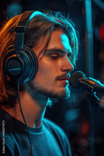 Man wearing headphones, singing or speaking into a microphone with a relaxed expression, illuminated by moody blue and warm lighting, creating a professional and artistic atmosphere. photo