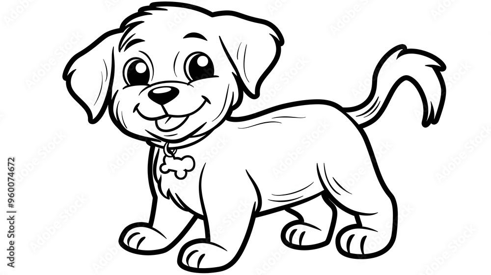 Fototapeta premium A cheerful cartoon-style puppy with a wagging tail and collar, designed for coloring. The simple line art is ideal for children's coloring activities and creative fun.