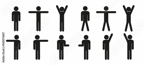 a set of human figures in different poses, hands down, up, аt shoulder level, to the side, pictogram, stick man