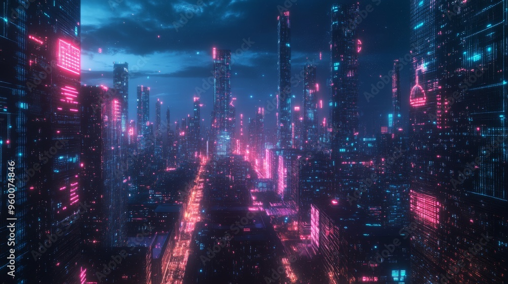 Fototapeta premium Futuristic Cyberpunk Cityscape with Neon Lights