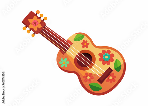 Colored ukulele. The tool is brown, decorated with flowers. Musical instrument. Relaxation, hawaii, melody. Flat vector illustration isolated on white background
