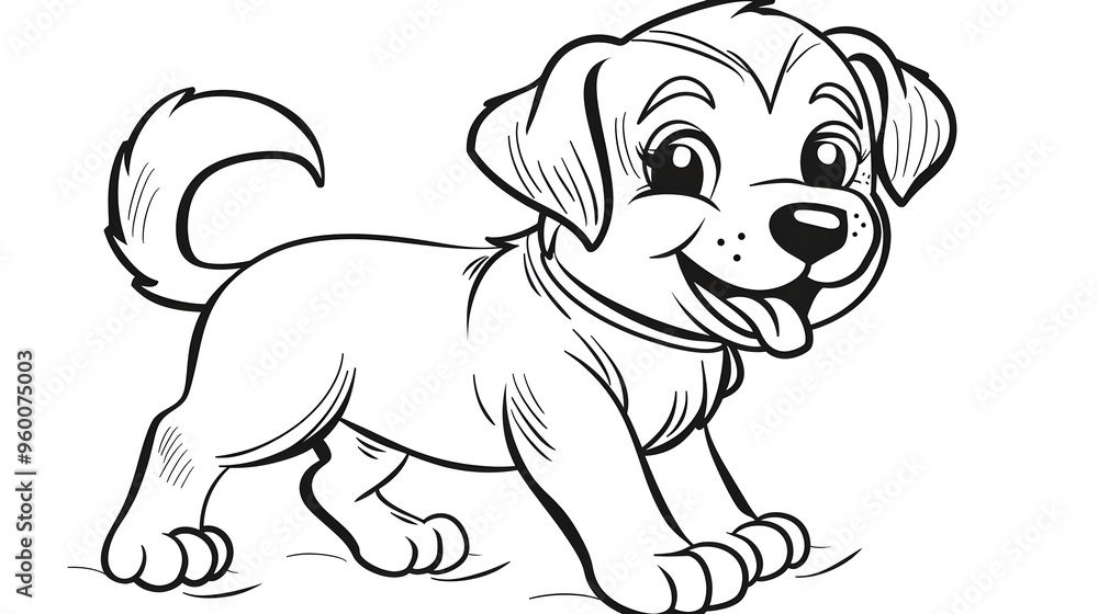 Cheerful black and white cartoon illustration of a happy puppy walking with its tail up, perfect for children's projects, coloring pages, or pet-related designs. Cheerful black and white cartoon illustration of a happy puppy walking with its tail up, perfect for children's projects, coloring pages, or pet-related designs.