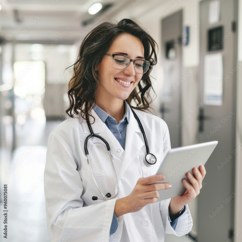 Portrait of a beautiful young nurse. A female doctor smiles at the camera in a blue medical gown. The blurred background of the hospital building.. Portrait of a beautiful young nurse. A female doctor smiles at the camera in a blue medical gown. The blurred background of the hospital building..