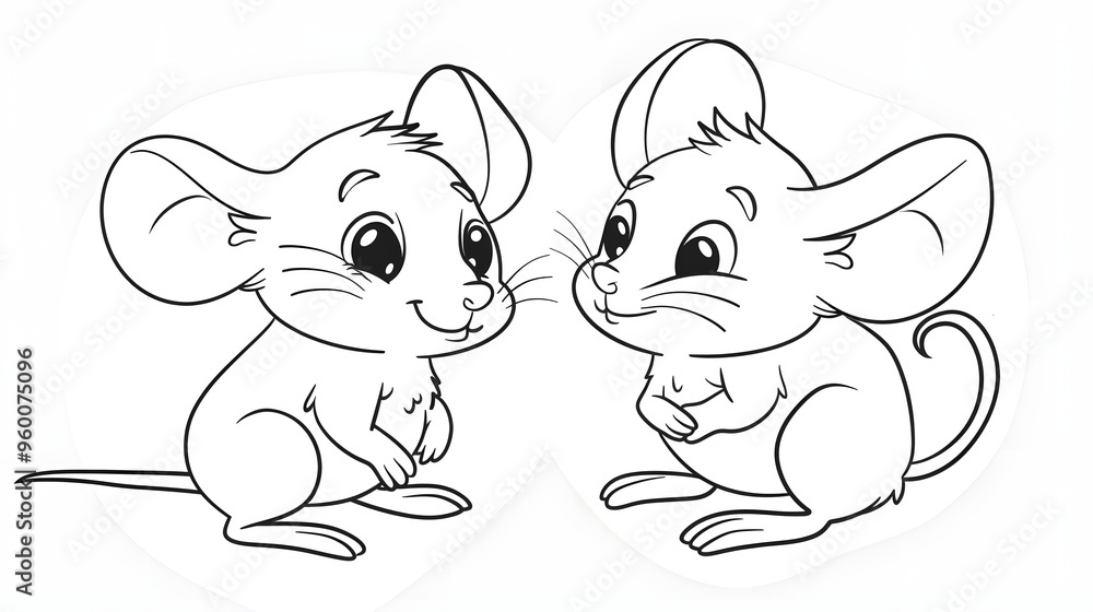 Adorable black and white cartoon illustration of two mice facing each other, perfect for children's coloring books, animal-themed projects, or creative designs. Adorable black and white cartoon illustration of two mice facing each other, perfect for children's coloring books, animal-themed projects, or creative designs.