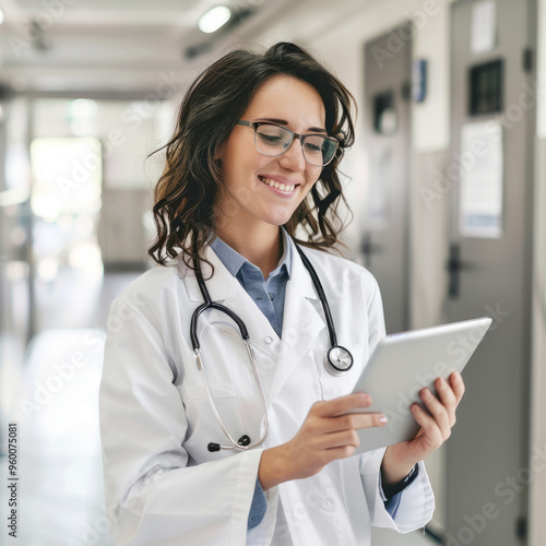 Portrait of a beautiful young nurse. A female doctor smiles at the camera in a blue medical gown. The blurred background of the hospital building..