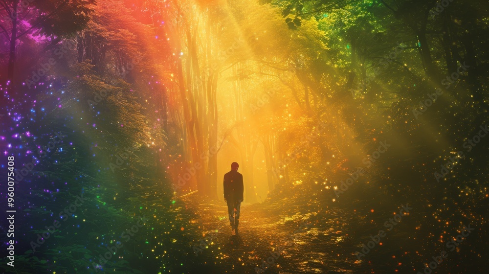 A silhouette walks through an enchanted forest bathed in rainbow hues and shimmering light. This mesmerizing scene is perfect for capturing the essence of magic, fantasy, and wonder. A silhouette walks through an enchanted forest bathed in rainbow hues and shimmering light. This mesmerizing scene is perfect for capturing the essence of magic, fantasy, and wonder.