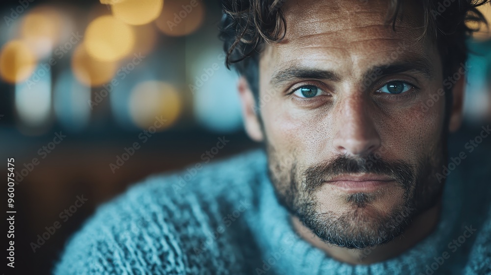 A rugged man with tousled hair and a thick beard wears a cozy sweater, staring directly into the camera with blurred golden bokeh lights adorning the background. A rugged man with tousled hair and a thick beard wears a cozy sweater, staring directly into the camera with blurred golden bokeh lights adorning the background.