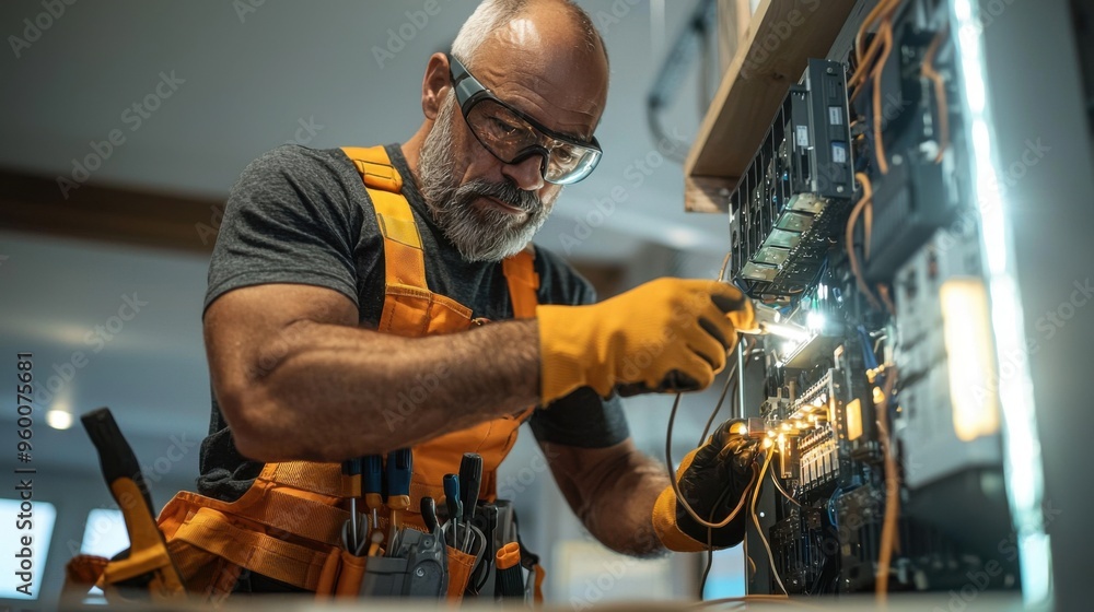 Electrician working on a circuit breaker panel in a residential setting, wearing a tool belt and safety glasses. Electrician working on a circuit breaker panel in a residential setting, wearing a tool belt and safety glasses.
