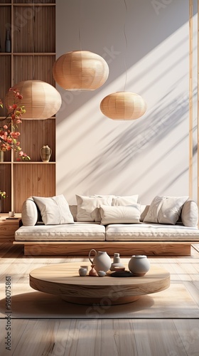 Fototapeta Naklejka Na Ścianę i Meble -  Modern interior japandi style design livingroom. Lighting and sunny scandinavian apartment with plaster and wood. 3d render illustration 