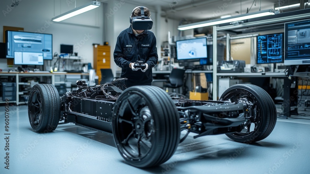 Fototapeta premium Technician Using VR to Test Electric Vehicle Chassis