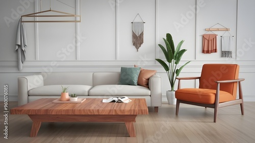 A modern living room with a wooden coffee table and an orange armchair. The room has a sofa and a potted plant.