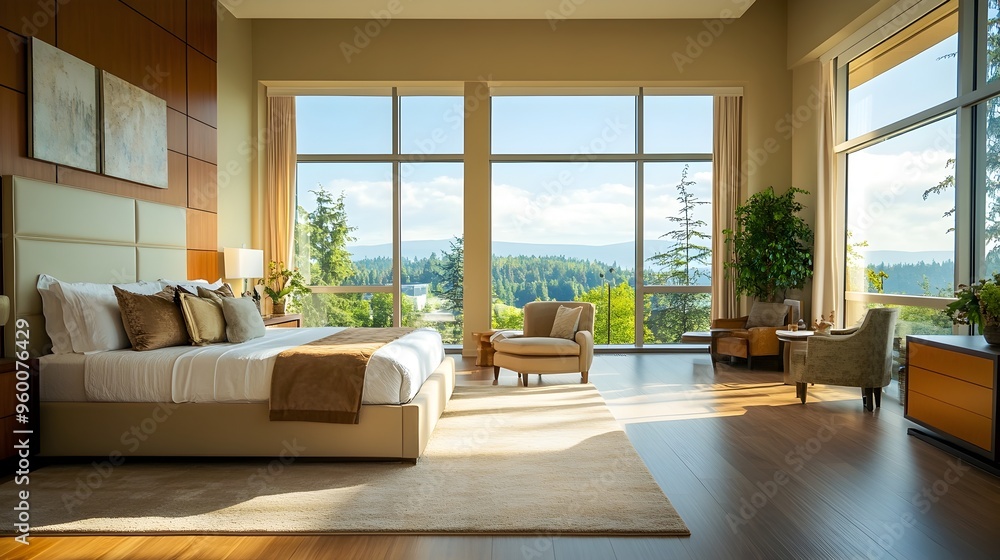 Fototapeta premium Luxurious bedroom showcasing a grand bed custom designed furniture and floor to ceiling windows that allow for ample natural light and stunning views The space exudes an aura of sophistication