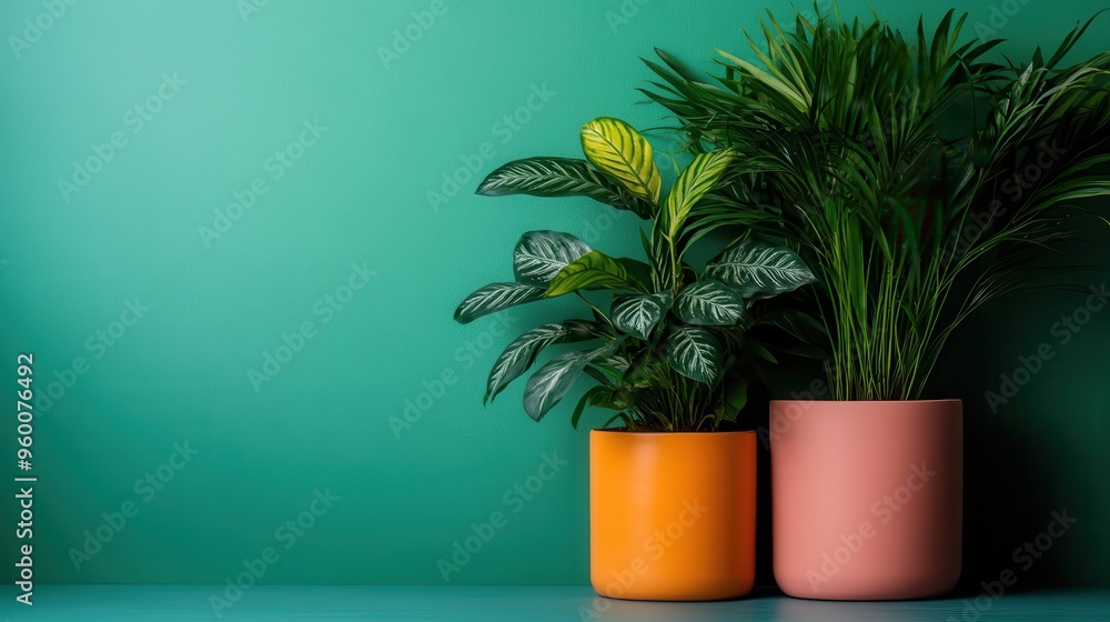 Obraz premium A pair of house plants in brightly colored orange and pink pots, placed on a light blue surface against a contrasting green background, embodying nature indoors.