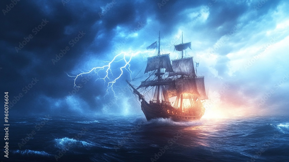 Pirate ghost ship sailing through a lightning storm Pirate ghost ship sailing through a lightning storm