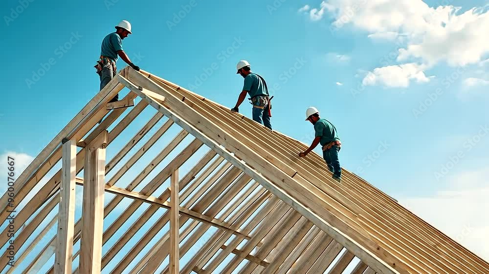 Detailed view of carpenters working on the construction of a new wooden house roof, showcasing the intricate framework and craftsmanship, with a clear sky in the background Detailed view of carpenters working on the construction of a new wooden house roof, showcasing the intricate framework and craftsmanship, with a clear sky in the background