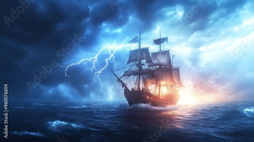 Pirate ghost ship sailing through a lightning storm photo