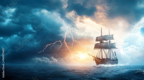 Pirate ghost ship sailing through a lightning storm photo