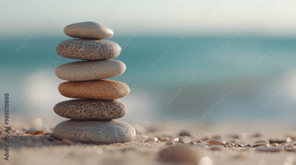A serene stack of balanced stones resting on a sandy beach with the calm ocean waves in the background, embodying tranquility and natural balance. A serene stack of balanced stones resting on a sandy beach with the calm ocean waves in the background, embodying tranquility and natural balance.