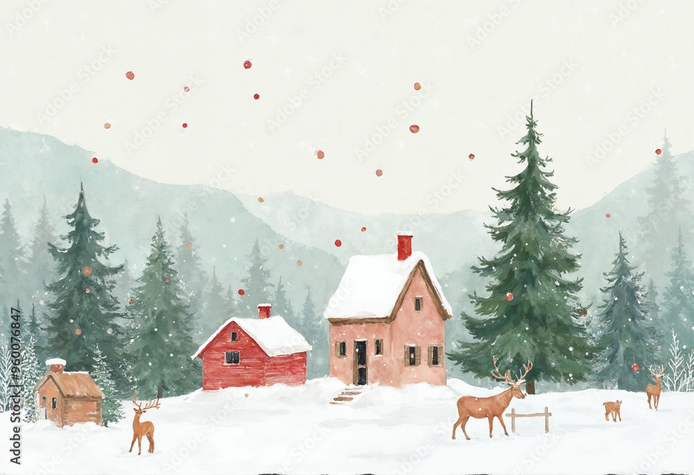 Illustration of Watercolor Christmas Landscape, New Year Background Illustration of Watercolor Christmas Landscape, New Year Background