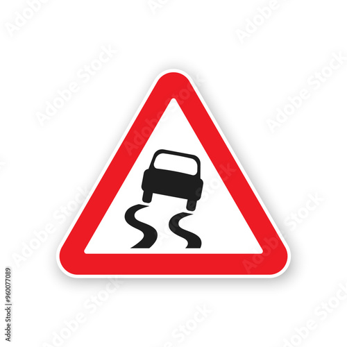 Slippery road icon. Vector traffic sign in red triangle on white background.