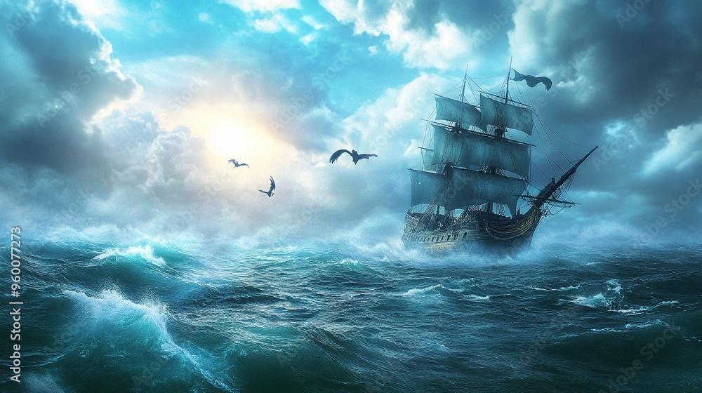 Pirate ship under attack by ghostly sea creatures eerie ocean Pirate ship under attack by ghostly sea creatures eerie ocean