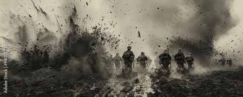 Obraz na płótnie A historical black-and-white photograph capturing a dramatic battlefield scene with soldiers in action. w salonie
