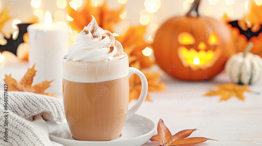 Coffee cup with pumpkin spice and whipped cream cozy autumn decor with fall leaves and Halloween elements Coffee cup with pumpkin spice and whipped cream cozy autumn decor with fall leaves and Halloween elements