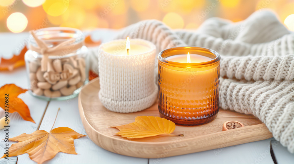 Candles with cozy autumn leaves and blanket setting for warm ambiance and seasonal decoration Candles with cozy autumn leaves and blanket setting for warm ambiance and seasonal decoration