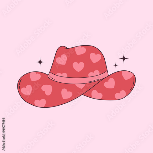 Cute cowgirl hat with hearts pattern. Hand drawn cowboy element in trendy y2k style. Vector clipart for card, poster, collage design