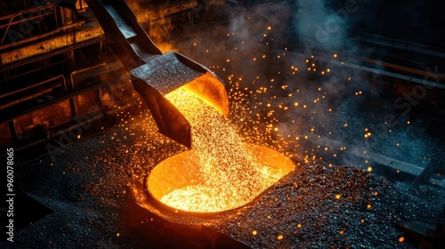A high-resolution shot from above of a metal forging operation, showcasing a molten metal being poured from a crucible into a mold. The scene includes glowing metal, steam, and a reflective surface